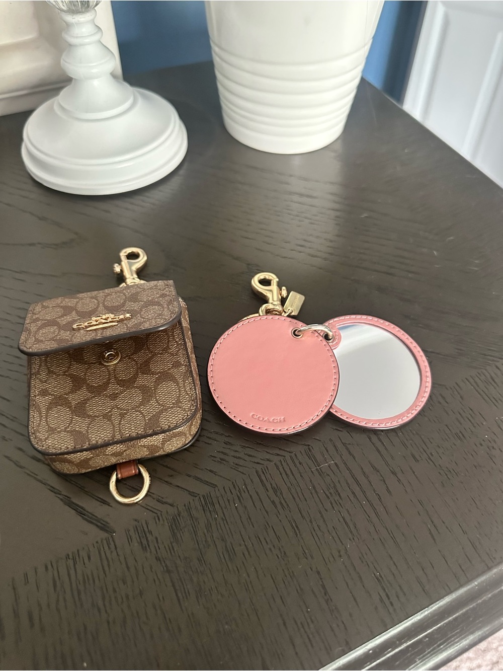 Coach Accessory Bundle - Brown Signature AirPod case & Pink leather mirror!